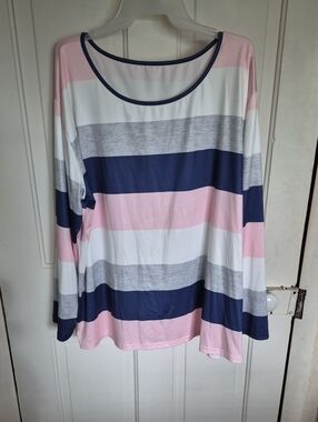 Striped Scoop Neck Long Sleeve Top - Pink, Navy & Gray